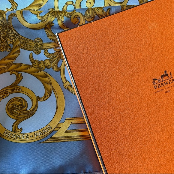 HERMES “Les Tuileries” Blue and Gold Silk Scarf - Picture 7 of 13